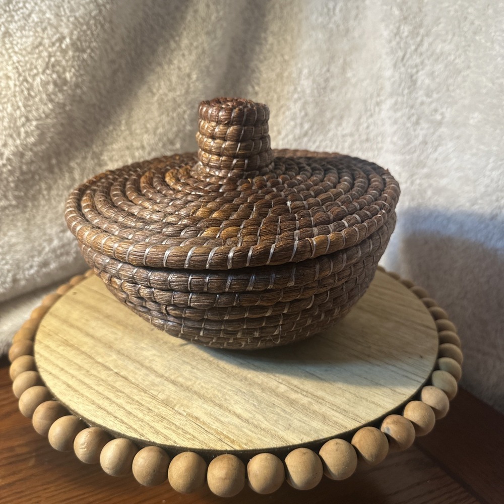 Hand Woven Round 10" Coil Basket Brown Natural With Lid Storage